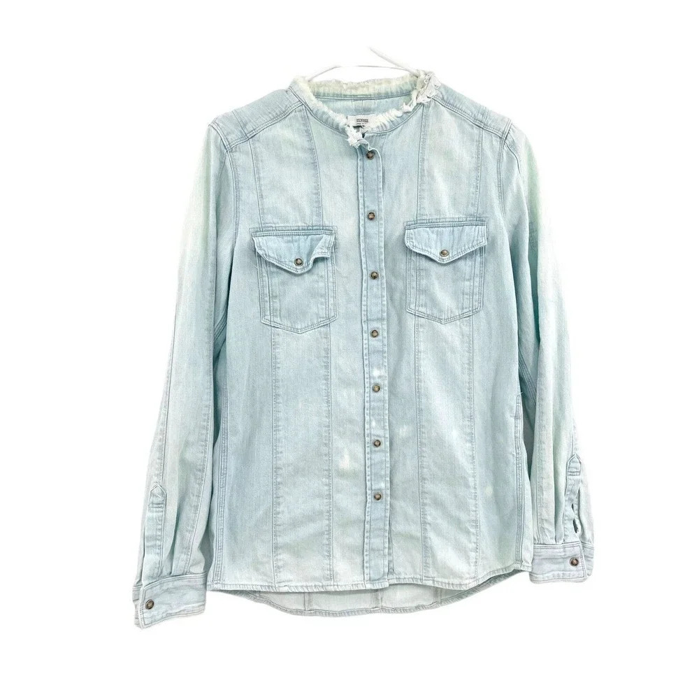 CLOSED Women's Shirt Size XS Distressed Chambray Blue Denim Pearl Snap Italy